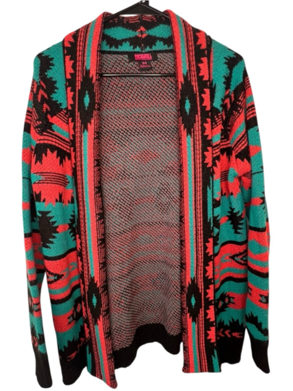 Rock & Roll Cowgirl Southwestern Aztec Open Front Knit Long Sleeve Cardigan